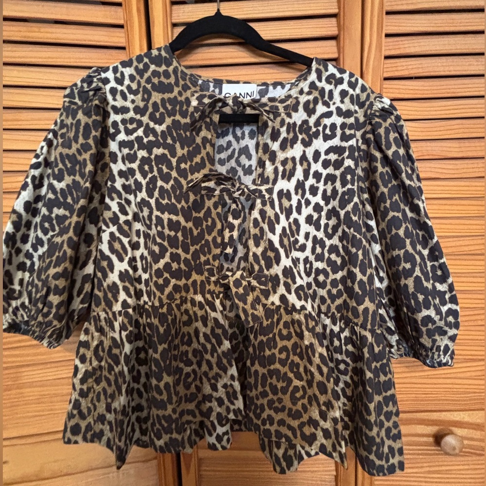GANNI CHEETAH / LEOPARD PEPLUM POPLIN TIE TOP | Size 36 (fits like a S / M)